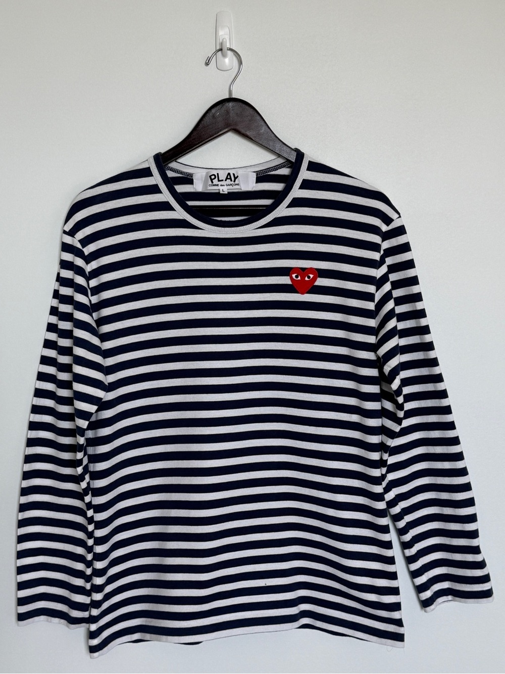 Comme des Garçons PLAY Striped Long Sleeve Tee - Navy & White with Red Heart